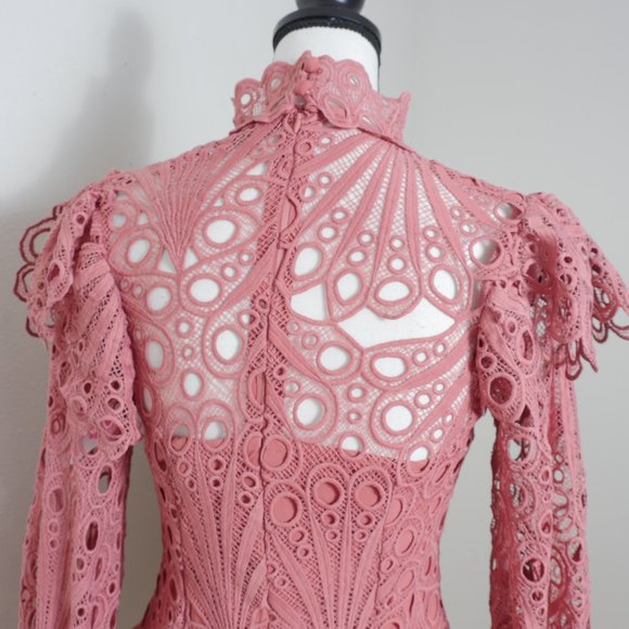 L'ATISTE Dusty Rose Pink Lace Eyelet Ruffle MockNeck Victorian French Boho Dress - Picture 10 of 16